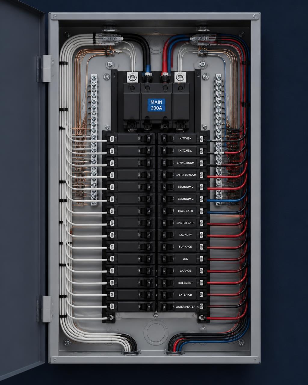 Upgraded 200A panel with systematic wire dress and labeled breakers